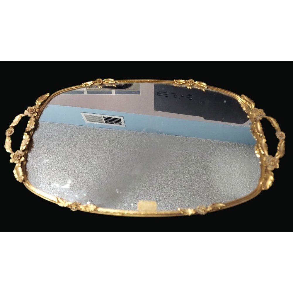 Vintage Matson 24Kt Gold Plated Mirror Vanity Tray With Floral Handles T21 L